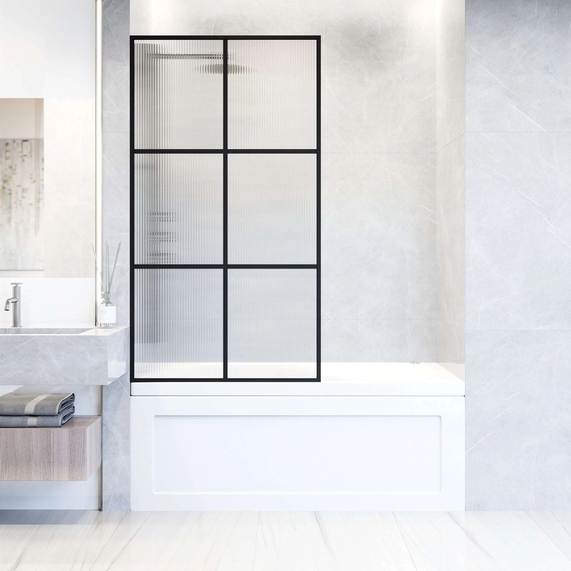 VIGO Meridian Ventana 34 x 62 in. Matte Black Framed Fixed Tub Screen with Clear/Fluted Tempered Glass - Image 13