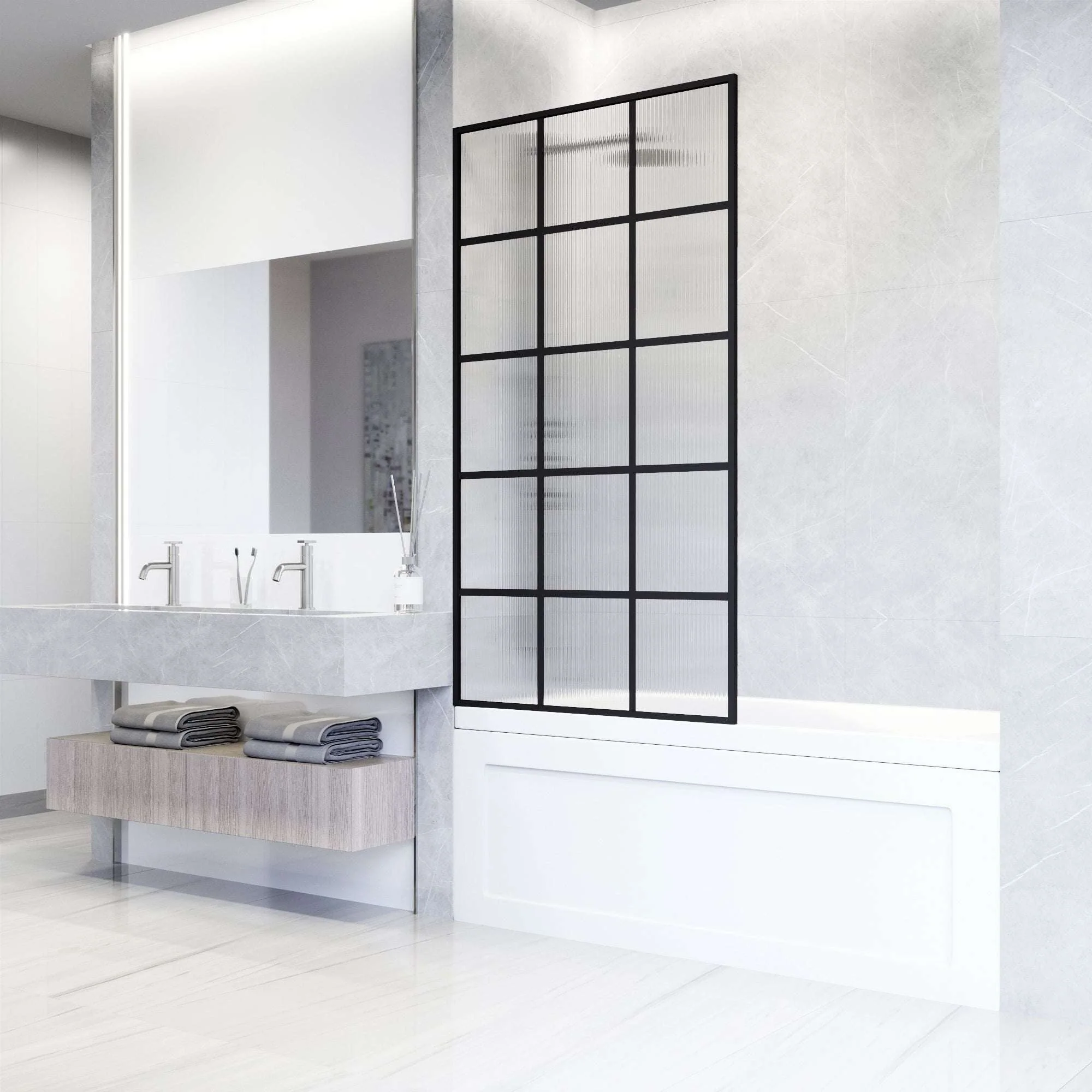 VIGO Meridian 34 x 62 in. Matte Black Framed Fixed Tub Screen with Clear/Fluted Tempered Glass - Image 6